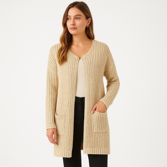 POL Sweaters - POL Chunky Knit Cotton Acrylic Longline Cardigan Neutralcore L Beige